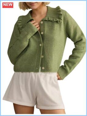 Ruffle Collar Button Down Knit Cardigan Sweater Preppy Long Sleeve